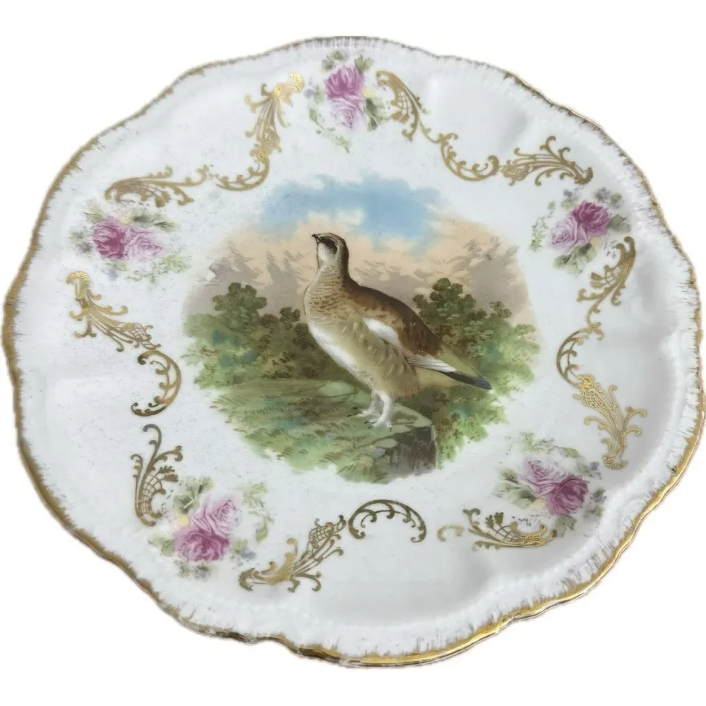 Antique Moschendorf Bavaria Grouse Plate with Floral & Gold‎ Accents